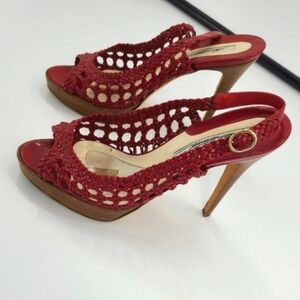 BRIAN ATWOOD LEATHER RED CUT OUT HEELS WITH WOODEN HEEL ..SIZE 37